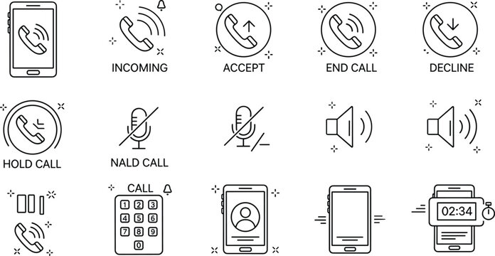 Phone call control line icon set with incoming accept decline end call mute microphone and smartphone interface illustration