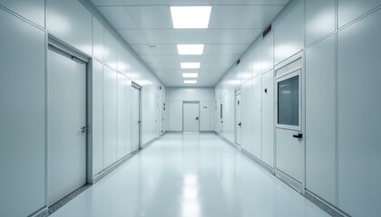 Obraz premium Cleanroom corridor with sterile white walls and doors. Bright led lights illuminate polished floor. Entryways for labs in clean energy facility.