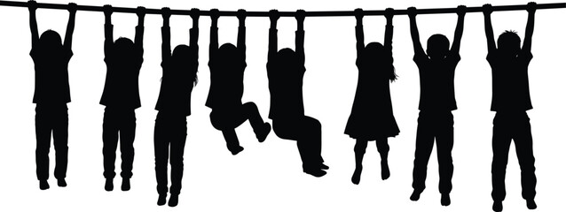 Children hanging on monkey bars silhouettes, kids playing on playground climbing bar isolated black childhood activity figures © MdShafiqul