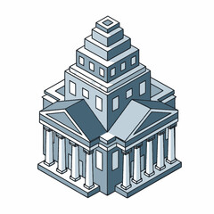 Fototapeta premium Isometric illustration of a grand neoclassical building with a stepped pyramid-like roof and prominent columns, symbolizing government or a financial institution.