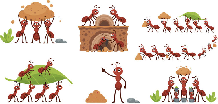 Ant colony teamwork cartoon illustration set with ants carrying food building nest cooperation teamwork insect community concept