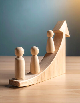 Wooden figurines ascending a curved arrow symbolizing team progress, business growth and successful career development concept