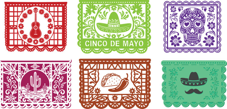 Mexican festive paper banners with floral patterns and symbols  cinco de mayo decorations