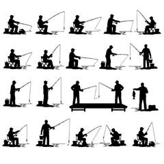 Black and white vector illustration set of fishermen catching fish with rods in different positions on shore and dock. Silhouette icon collection isolated on white background, ideal for fishing sport 