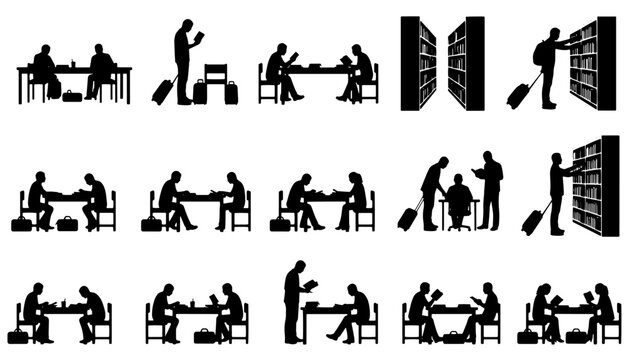 Black and white vector illustration set of people studying, reading books and working at tables in a library environment. 