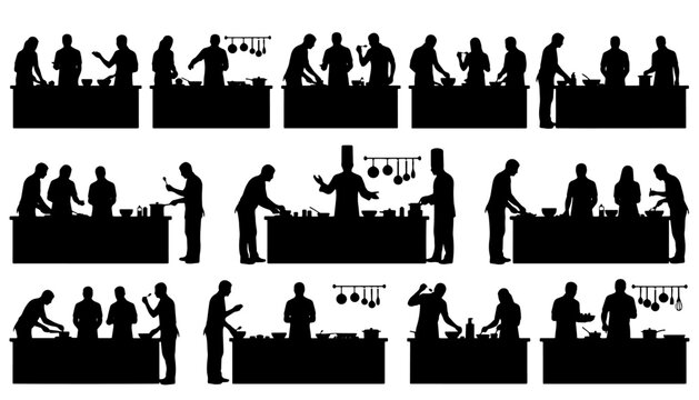 Black and white vector illustration set of bartenders preparing drinks, serving cocktails and working behind a bar counter. Silhouette icon collection isolated on white background, perfect for bar