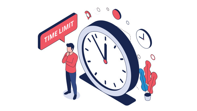 Man standing thoughtfully beside giant clock under time limit sign depicting deadline pressure and time management.