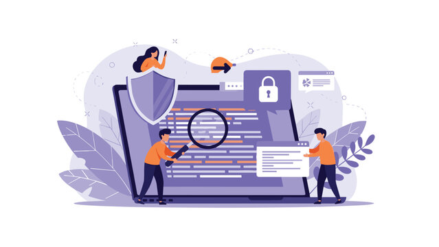Developers inspecting website code on large laptop screen with shield and lock icons for cybersecurity assurance.