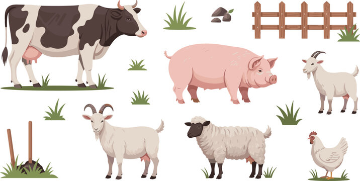 Farm Animals Cartoon Collection with Cow, Pig, Goat, Sheep, Chicken, Fence, and Grass Elements for Agriculture, Farming, and Kids Educational Illustration Design