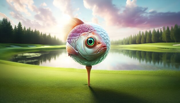 Surreal Novelty Dimpled Golf Ball with Cartoon Human Evil Puppet Fish Eye Gills Fin & Tail Sitting Shining on Tee Overlooking a Pond at Golf Course on Sunny Day Pastel Background Enthusiasts Madness