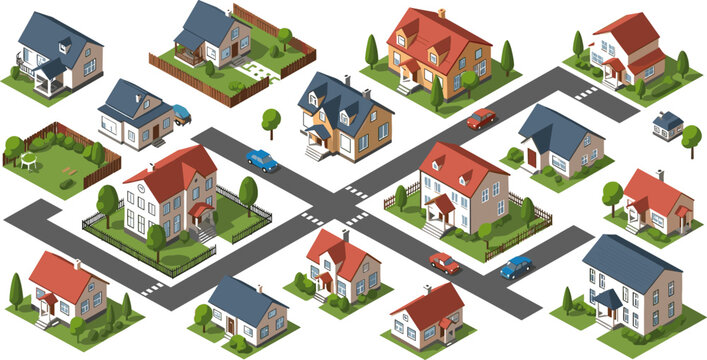 Isometric Suburban Neighborhood House Set with Residential Homes, Streets, Cars, Trees, and Urban Blocks for Real Estate, City Map, and Architecture Design