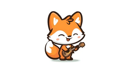 Obraz premium Cute cartoon fox playing ukulele with happy expression.