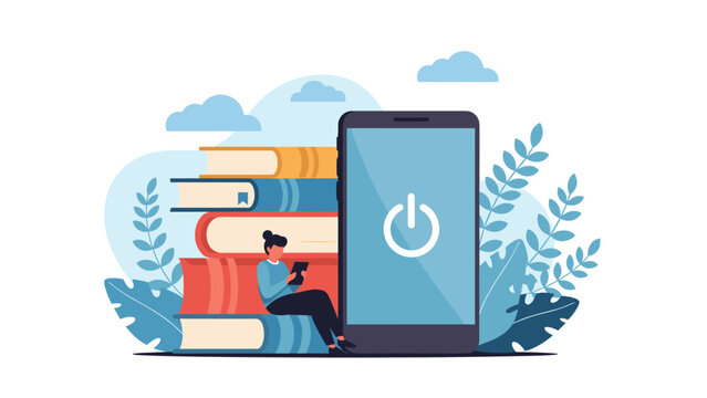 Woman reading on stack of giant books next to large mobile phone with power icon depicting digital versus print media.