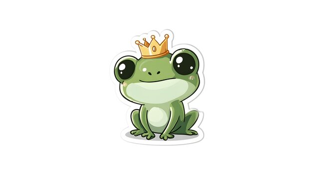 Cute Cartoon Frog King with Golden Crown Sitting Happily.
