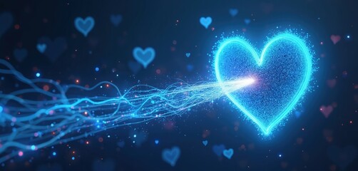 Fototapeta premium Abstract blue heart glows with data streams flowing into it. Digital energy pulses connect like nerves. Love data transfer, cyber connection, virtual romance themes.