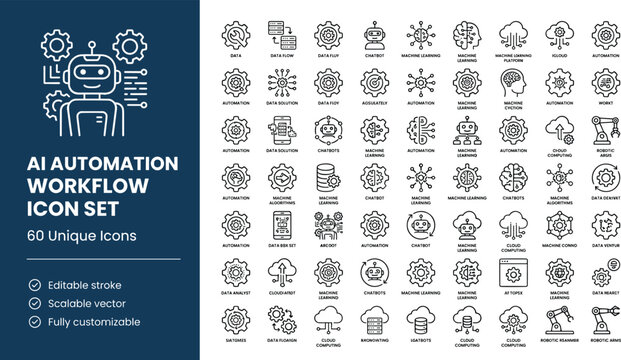Artificial intelligence automation workflow line icon set with robotics machine learning analytics process technology symbols