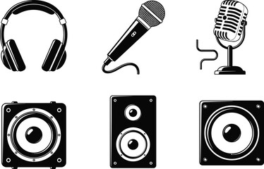Audio equipment silhouettes set, headphones microphone speakers artwork, music production vector design, broadcasting illustration, sound technology concept