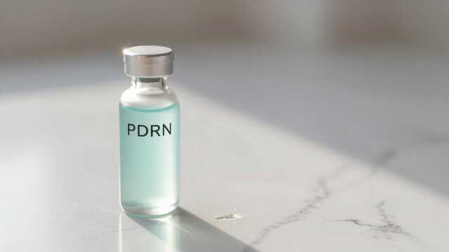 A vial of clear serum sits on a sleek, reflective surface. The vial is simple, cylindrical, with a silver cap. Light glints off the liquid, creating a sense of purity and scientific precision.