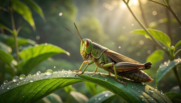 Green grasshopper on a leaf with morning dew drops