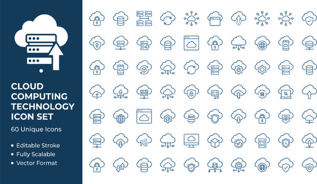 Cloud computing technology line icon set with servers networking security storage virtualization infrastructure symbols