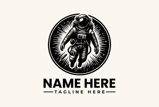 Black and white illustration of an astronaut in a circular logo with a sunburst effect and placeholder text on a beige background.