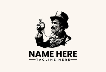 Obraz premium A black and white vector illustration of a man in a top hat and monocle holding a pocket watch on a chain, with a placeholder text for a logo name and tagline against a plain background.