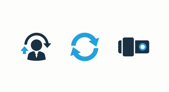 Digital user management icons: profile update, data refresh, and camera functionality for modern UI design