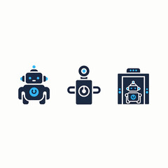 Naklejka premium Robot icons: cute character, technology bot, and AI in elevator