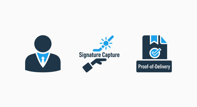 Business process icons, signature capture, proof of delivery, and user profile symbols for logistics and workflow management