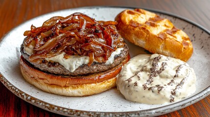 Gourmet Burger with Caramelized Onions and Pepper Sauce, Open-Faced on Speckled Plate