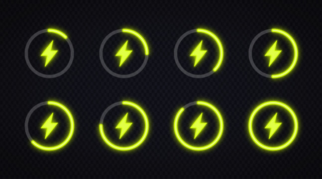 Neon energy loading icons showing circular progress levels. Bright electric symbols with glowing charge indicators on transparent background