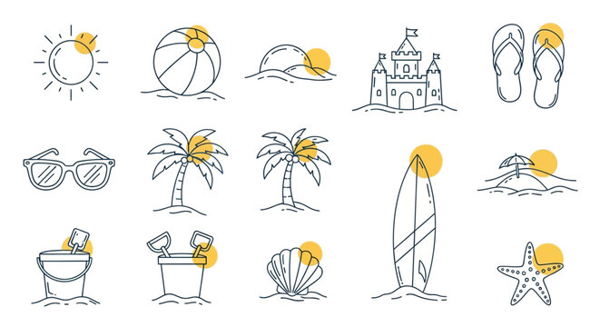 Playful Summer Beach Essentials Icons with Sun, Sandcastle, and Surfboard on Isolated White Background