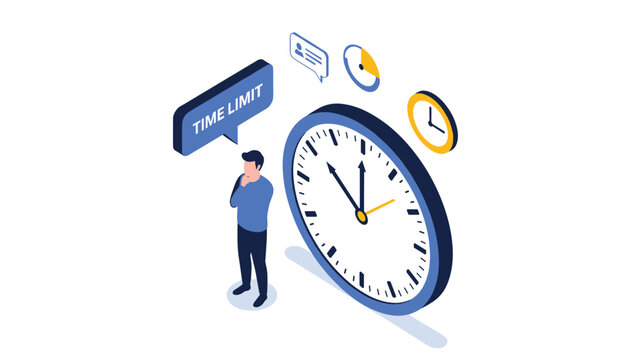Professional man managing deadlines next to giant clock and time limit sign in clean isometric illustration style.