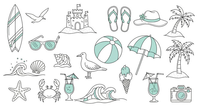 Extensive Summer Vacation and Beach Recreation Doodles on Isolated White Background, fun and energetic mood
