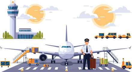 Airport Ground Operations and Aviation Travel Vector Illustration with Airplane, Pilot, Control Tower, Service Vehicles and Boarding Equipment © Sufea