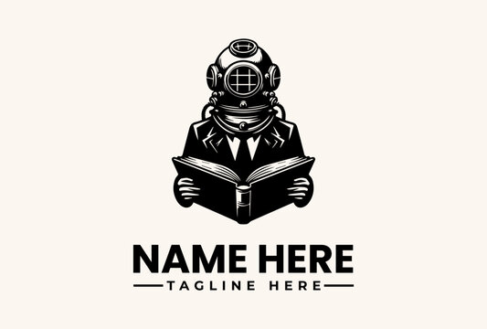 A black and white illustration of a scuba diver reading an open book with a vintage diving helmet, against a clean background, conveying a sense of adventure and learning.