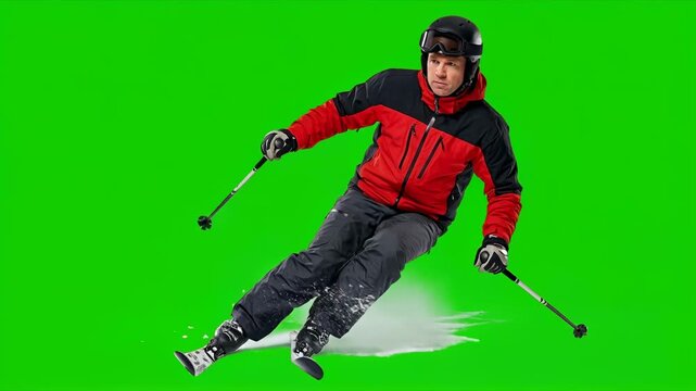 man skiing isolated on green screen background for vfx projects