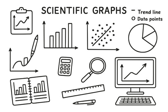 Scientific Graph Doodles. Scientific Graphs. Hand-drawn doodle illustration Scientific Graphs line graph, bar chart, scatter plot, pie chart, axes, trend line,