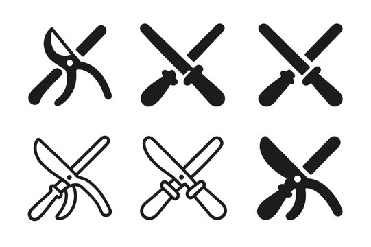 Gardening Tool Logos. Sharpening gardening tools. Icon set. Set Logo of sharpening gardening tools: sharpening steel rod. harmonious logo variations of the