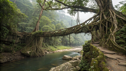 Fototapeta premium Living root bridge natural wonder in Meghalaya India, complex interconnected aerial roots forming natural pathway over river, lush green jungle