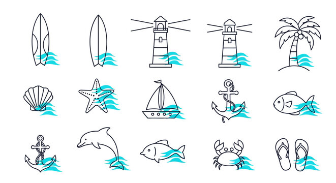 Minimalist Nautical and Beach Themed Item Collection with Blue Accents, including Lighthouse and Dolphin