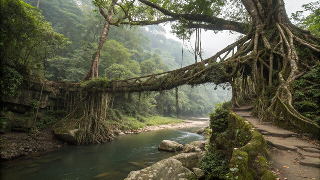 Living root bridge natural wonder in Meghalaya India, complex interconnected aerial roots forming natural pathway over river, lush green jungle