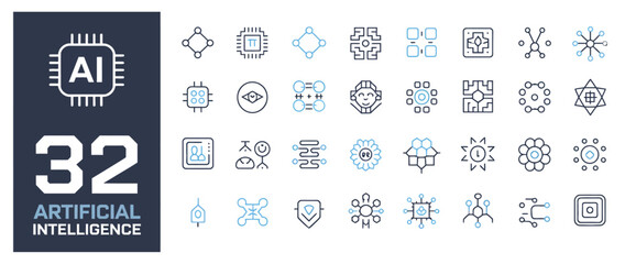 32 artificial intelligence icons showcasing AI concepts, networks, and digital processing.