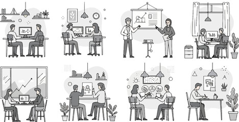 Obraz premium Diverse office scenes illustrating teamwork, presentations, and individual work
