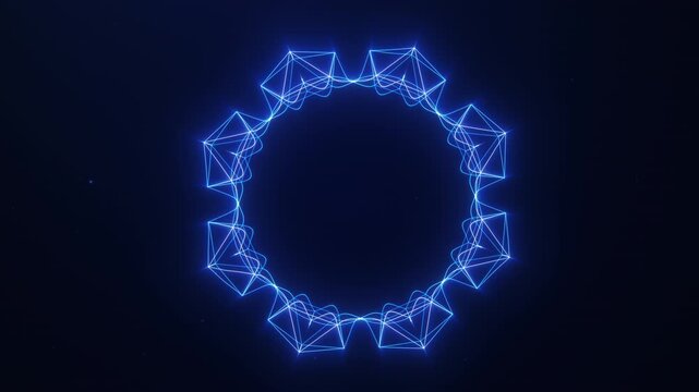 Abstract polygon ring with glowing blue geometric lines on dark background. Futuristic digital network loop animation in 4k 60 fps.