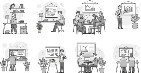 Obraz premium Diverse office scenes featuring teamwork, presentations, and individual work