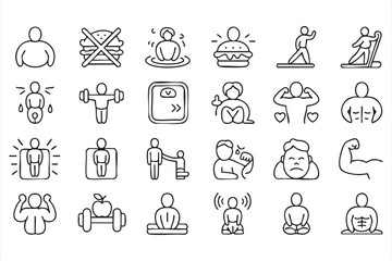 Fototapeta premium Workout and Exercise Outline Icons Featuring Gym Training Diet and Strength
