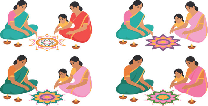 Indian women creating colorful rangoli designs during festive celebration, showcasing tradition, culture, and vibrant art in vector illustration
