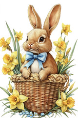 Obraz premium cute easter bunny with a blue bow sitting in an easter basket,