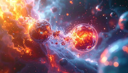 Obraz premium concetto di legame atomico o molecolare, formazione della materia, fusione degli atomi, collisione tra materia e antimateria, illustrazione 3D di fantasia
